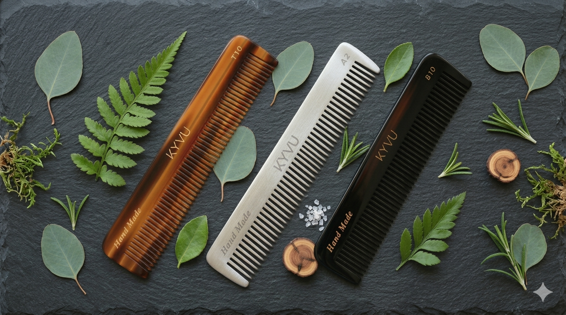 KYVU handmade eco-friendly combs — sustainable alternatives to plastic combs in cellulose acetate, beechwood and aluminium
