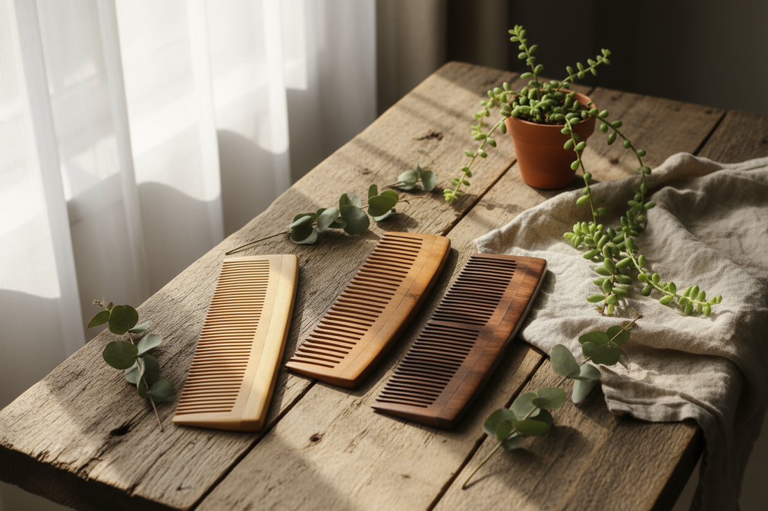KYVU handmade beechwood wooden combs lifestyle — eco-friendly and natural hair care choice