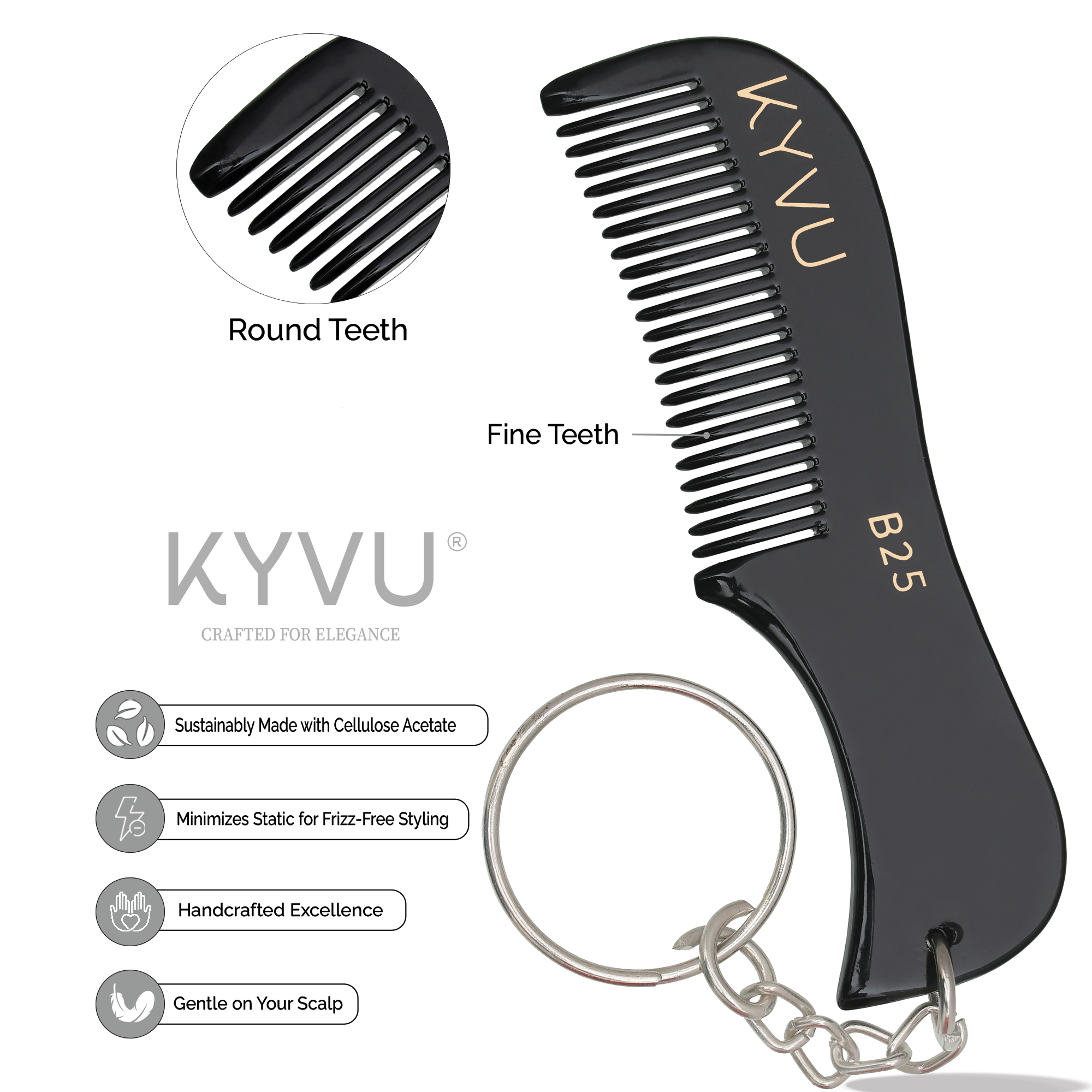 KYVU B25 black cellulose acetate moustache comb with keyring fine teeth zoom, sustainably made handcrafted smooth glide