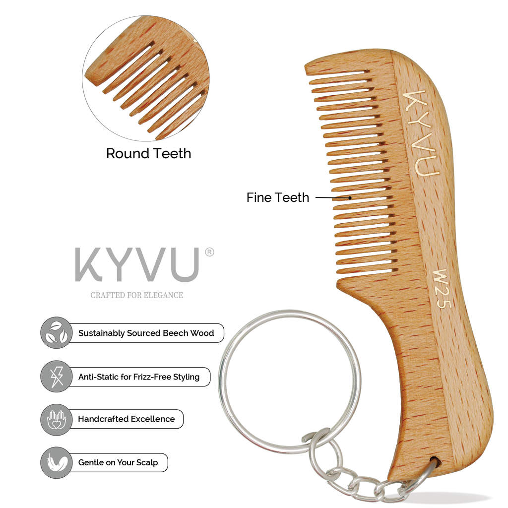 KYVU W25 beechwood moustache comb with keyring and fine teeth zoom, sustainably sourced anti-static handcrafted design