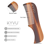 KYVU T24 cellulose acetate moustache comb with fine teeth zoom, sustainably made handcrafted smooth glide gentle grooming tortoiseshell