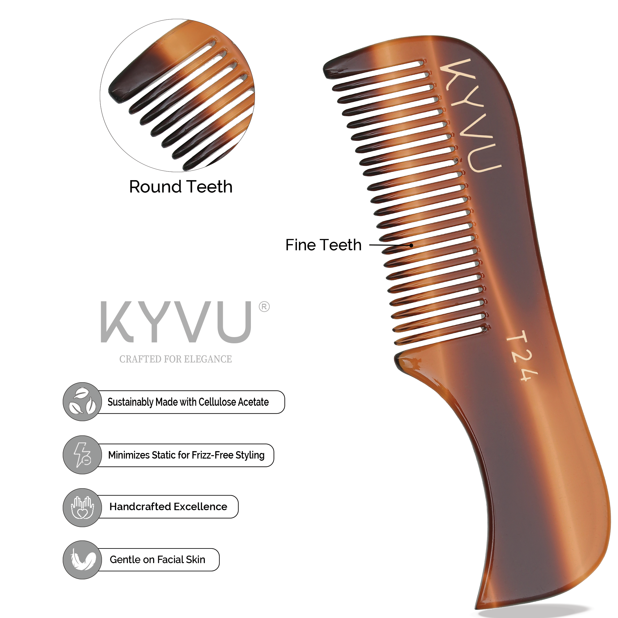 KYVU T24 cellulose acetate moustache comb with fine teeth zoom, sustainably made handcrafted smooth glide gentle grooming tortoiseshell