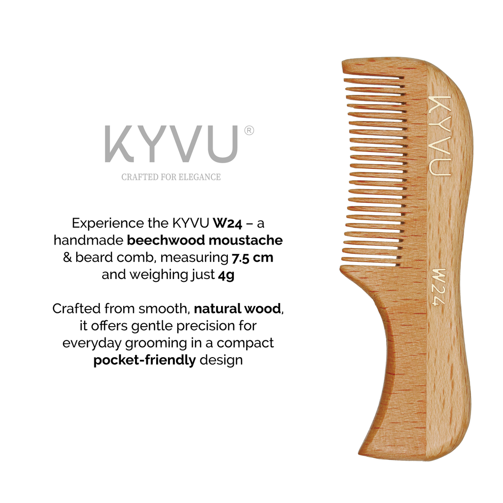 KYVU W24 beechwood moustache comb vertical 7.5cm 4g weight, compact pocket-friendly design