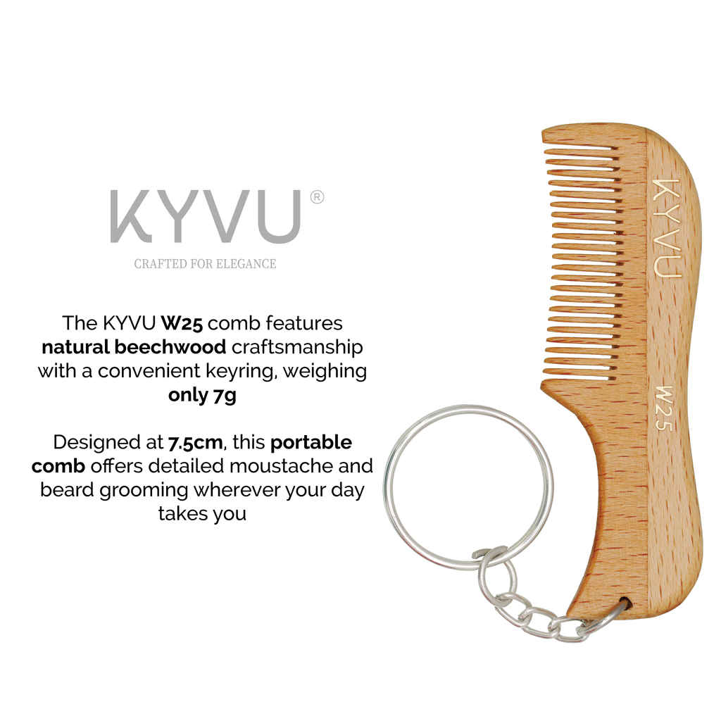 KYVU W25 beechwood moustache comb with keyring vertical 7.5cm 7g weight, ultra-light pocket-friendly design