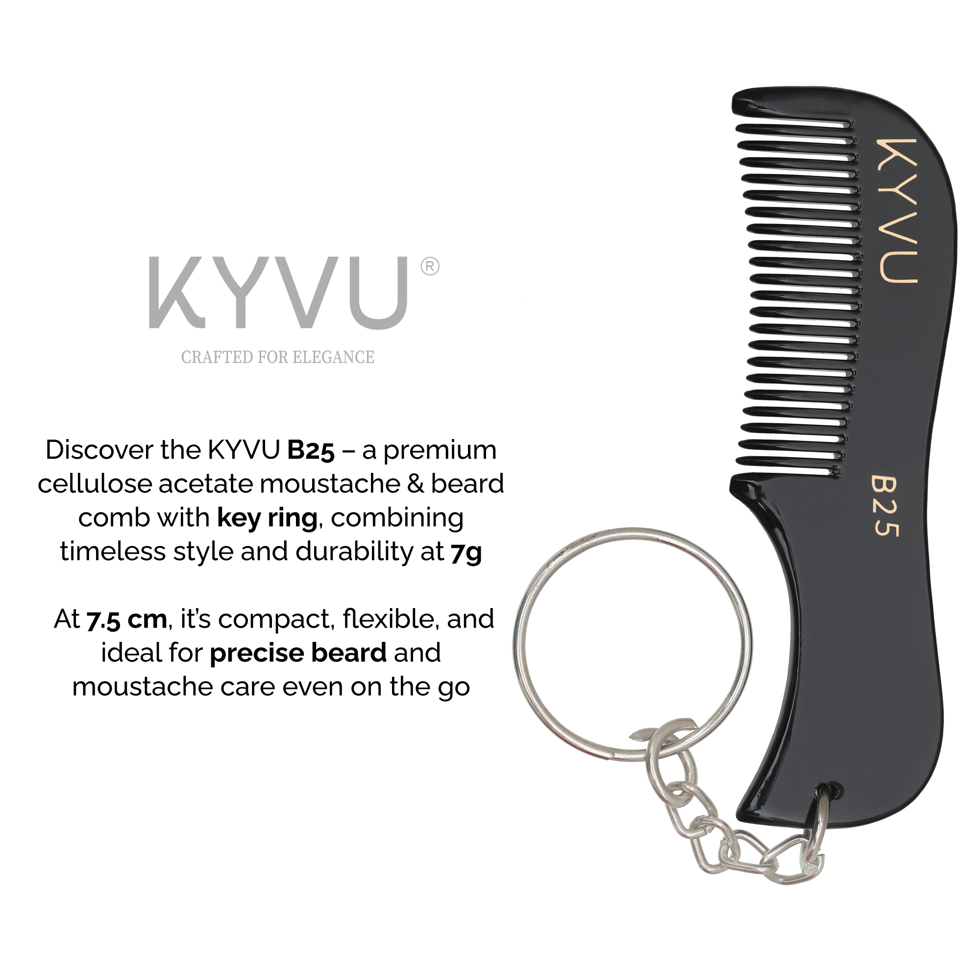 KYVU B25 black moustache comb with keyring vertical 7.5cm 7g weight, cellulose acetate anti-static fine teeth