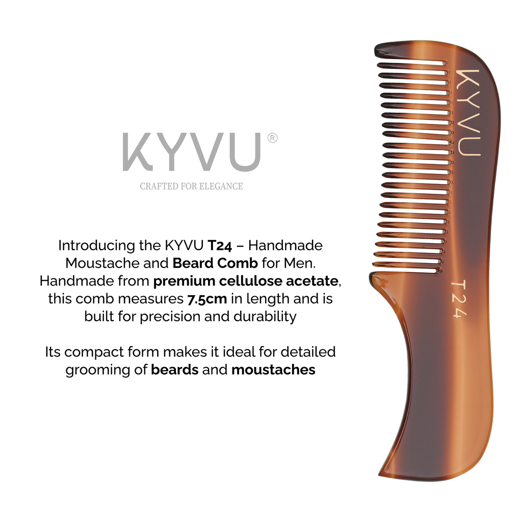 KYVU T24 tortoiseshell moustache comb vertical 7.5cm 4g weight, cellulose acetate anti-static fine teeth