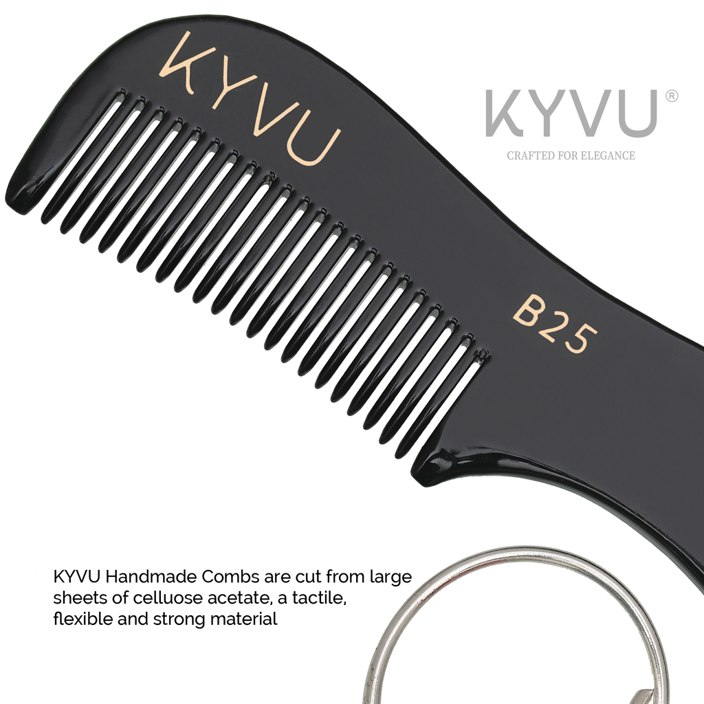 KYVU B25 black moustache comb teeth closeup with keyring, made from cellulose acetate sheets flexible strong material