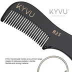 KYVU B25 black moustache comb teeth closeup with keyring, made from cellulose acetate sheets flexible strong material