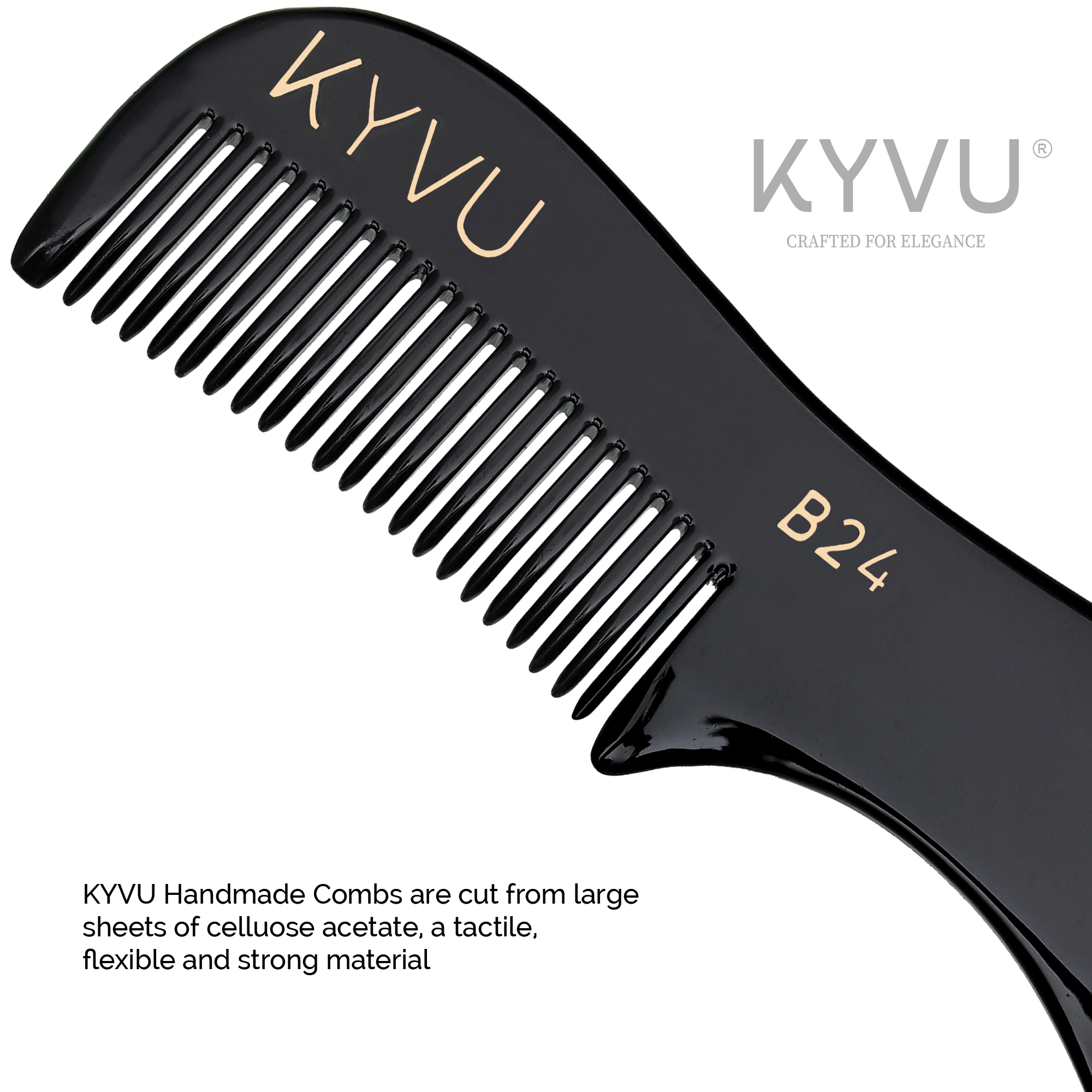 KYVU B24 black moustache comb teeth closeup, made from cellulose acetate sheets flexible strong material