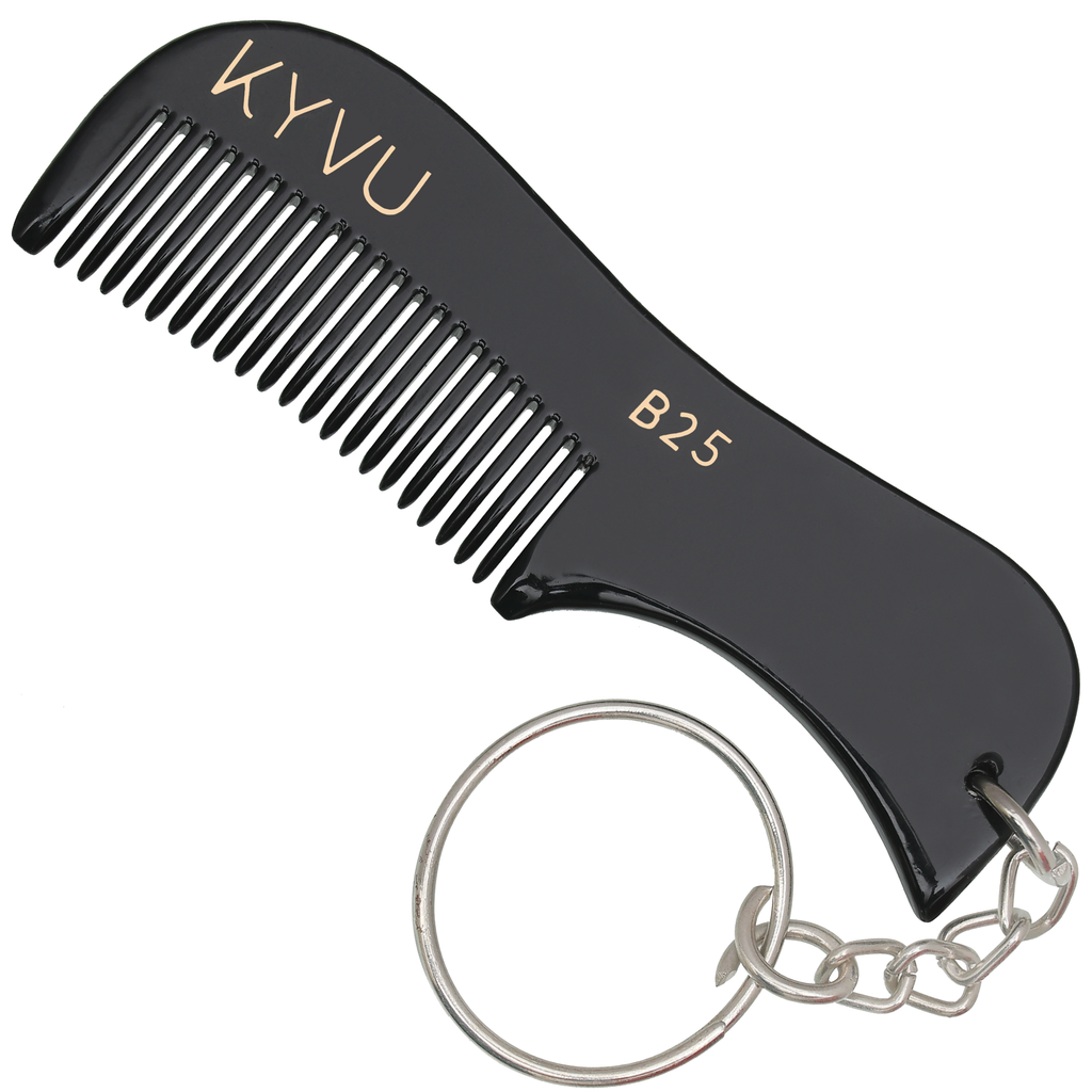 KYVU B25 handmade black moustache comb with keyring 7.5cm fine teeth