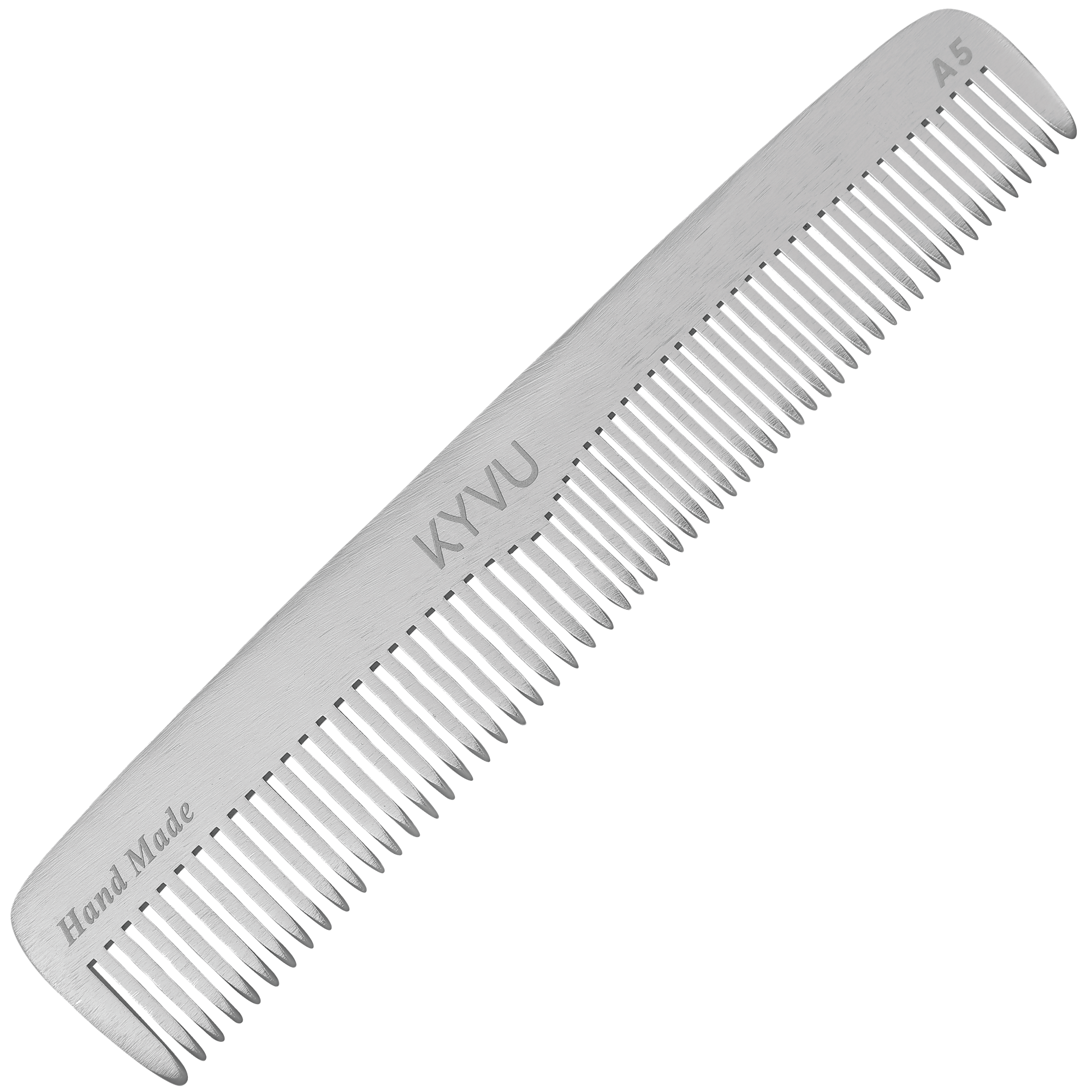 Handmade KYVU A5 16.8cm aluminium dual-tooth comb for hair styling.