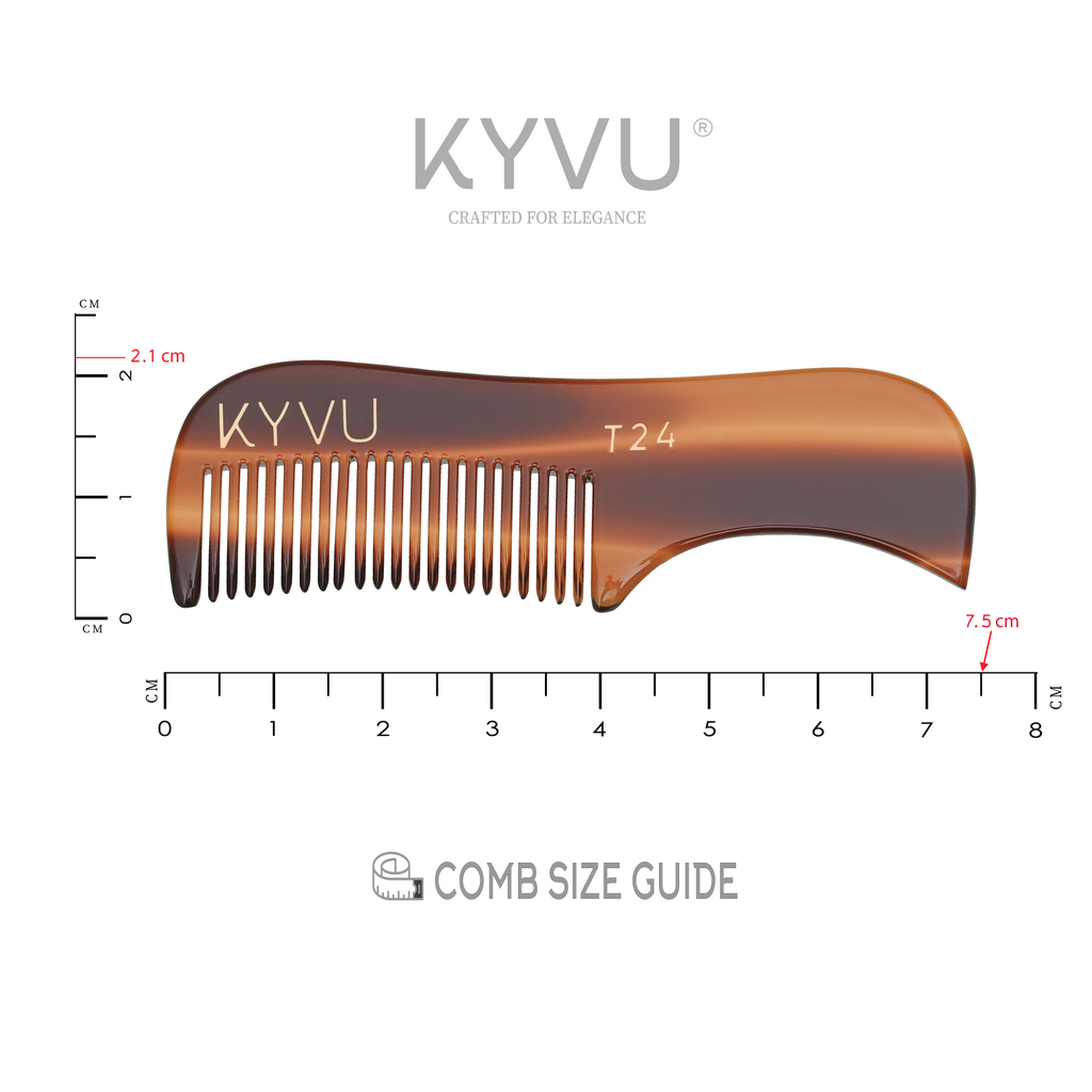 KYVU T24 tortoiseshell moustache comb size guide 7.5cm length 2.1cm width