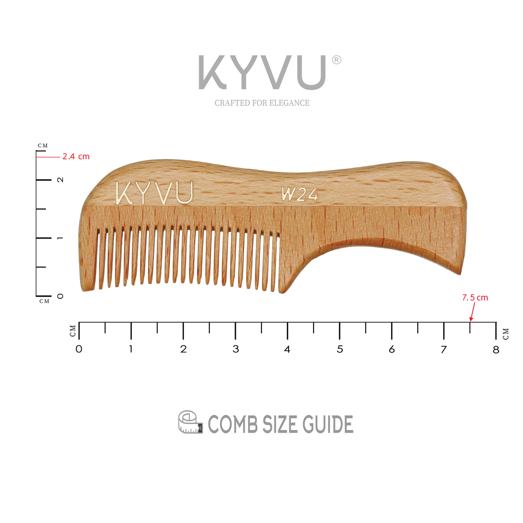 KYVU W24 beechwood moustache comb size guide 7.5cm length 2.4cm width