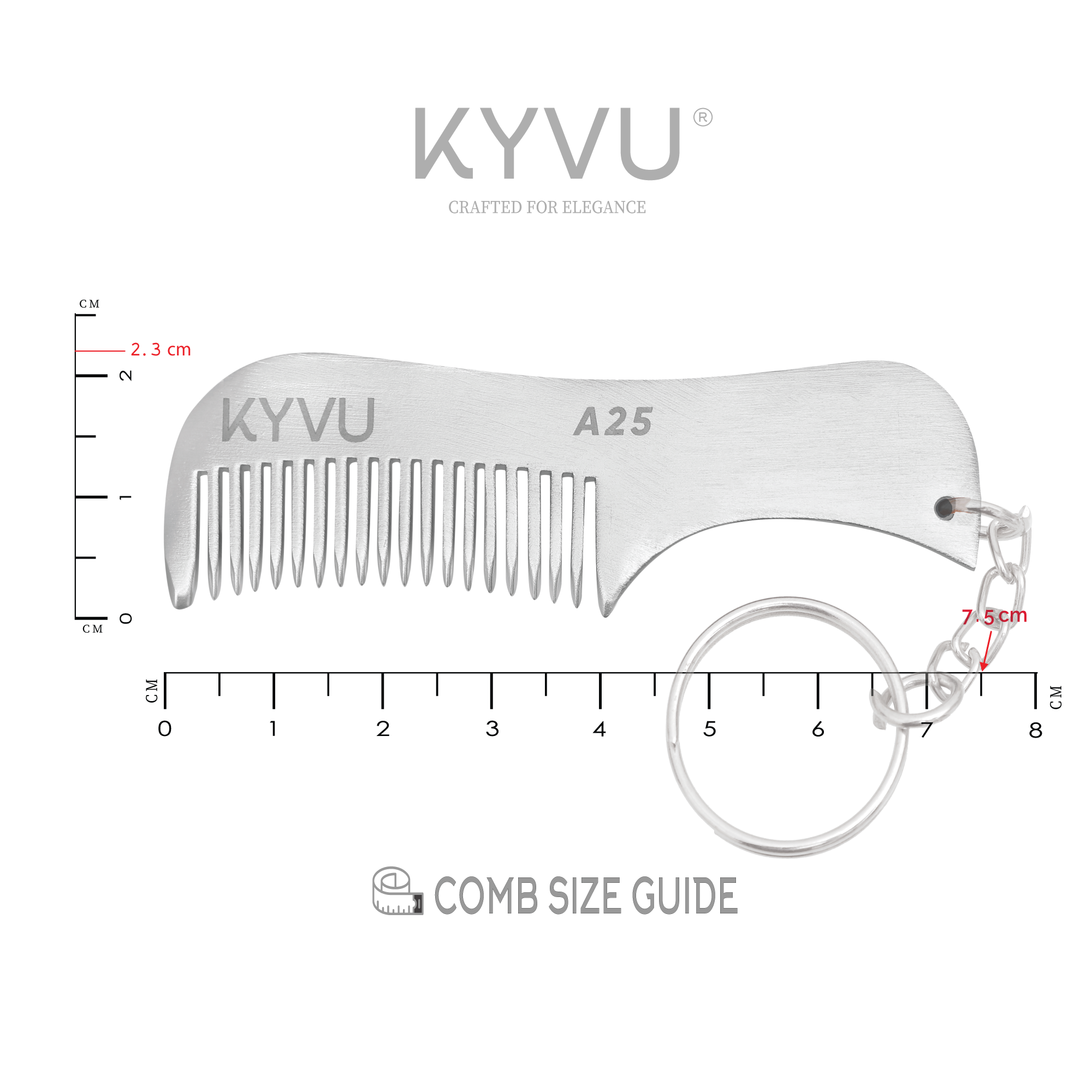 KYVU A25 aluminium moustache comb size guide 7.5cm length 2.3cm width with keyring