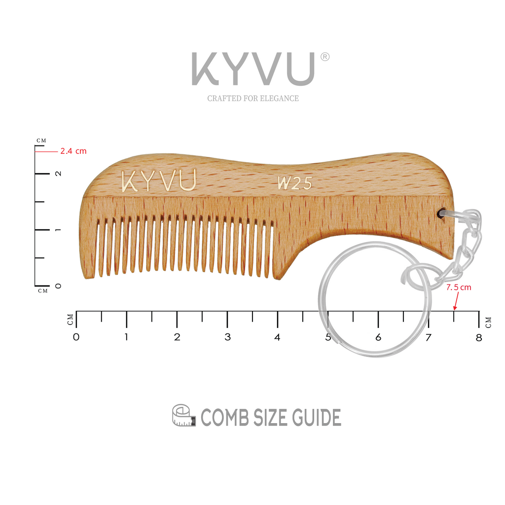 KYVU W25 beechwood moustache comb size guide 7.5cm length 2.4cm width with keyring