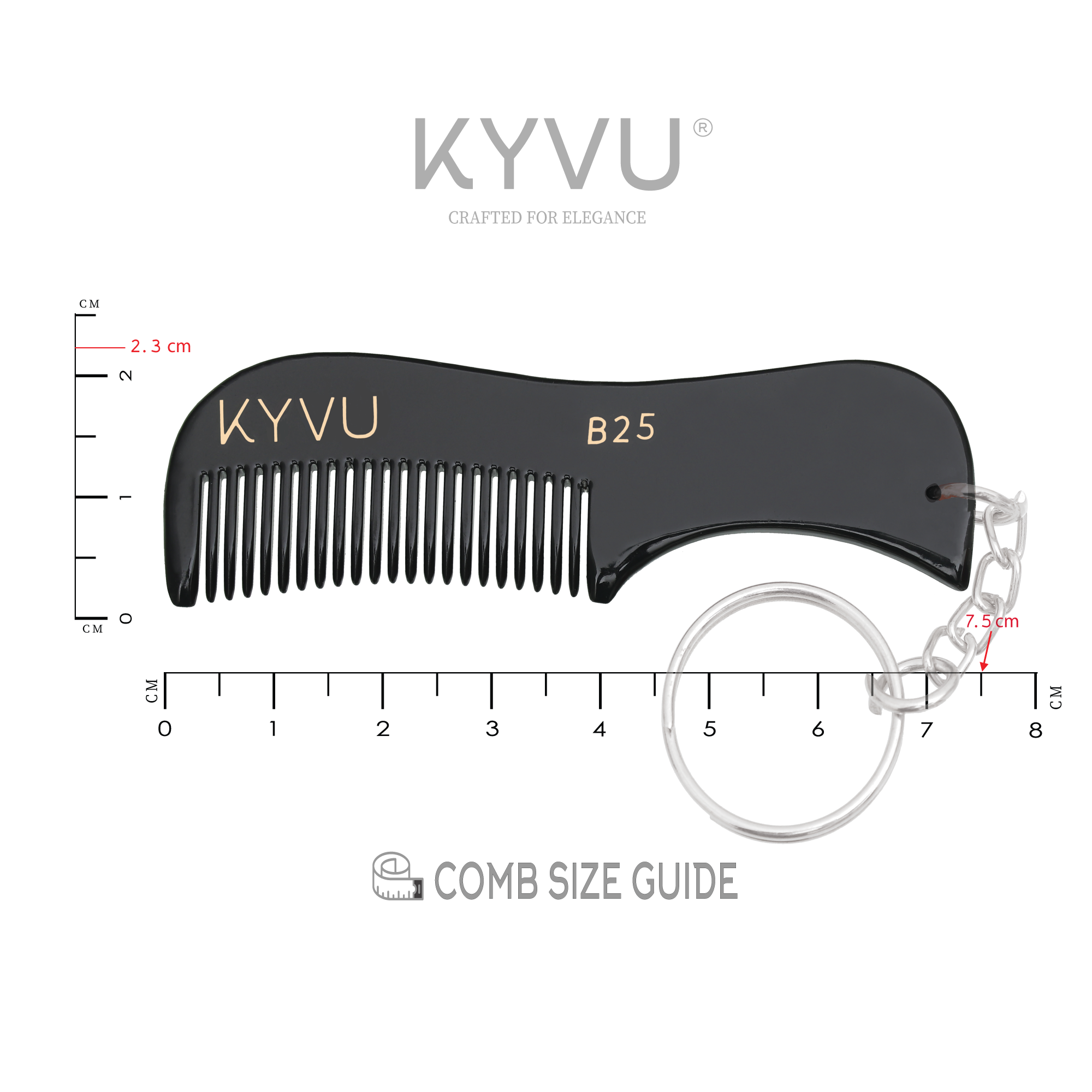 KYVU B25 black moustache comb size guide 7.5cm length 2.3cm width with keyring