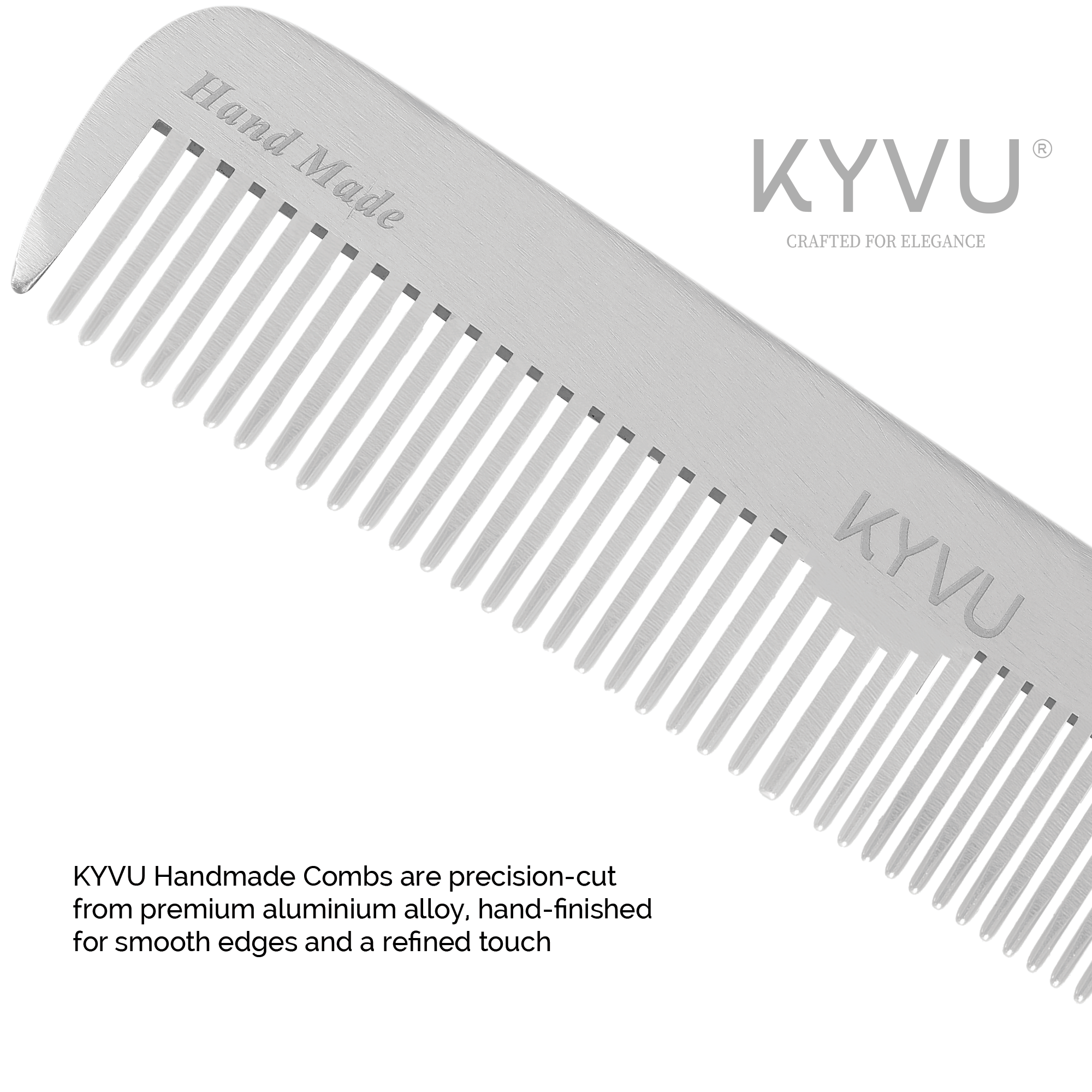 A1 anodized aluminium close-up showing brushed-silver finish and laser-engraved KYVU branding
