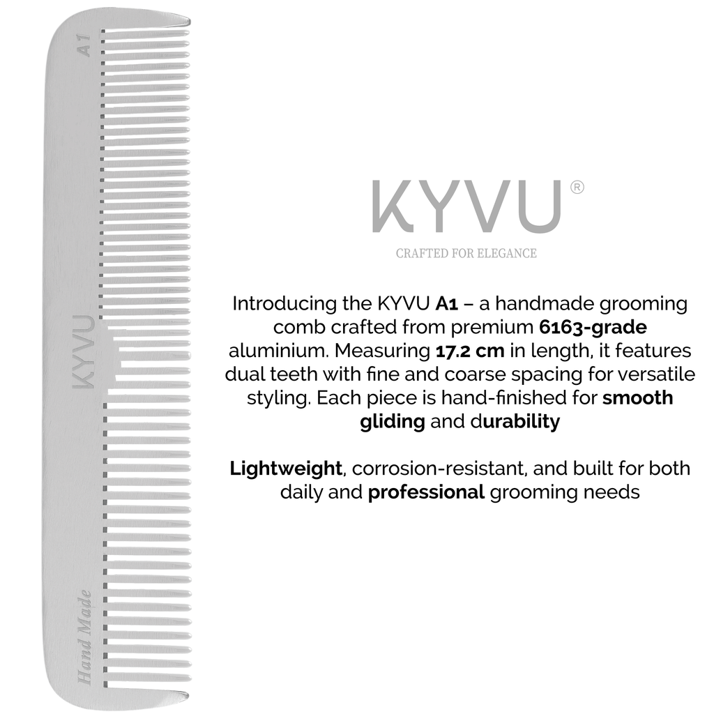 KYVU A1 metal dual-tooth comb specifications — 17.2 cm, 32 g, anti-static aluminium, fine and coarse teeth