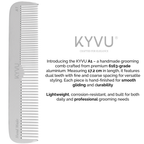 KYVU A1 metal dual-tooth comb specifications — 17.2 cm, 32 g, anti-static aluminium, fine and coarse teeth
