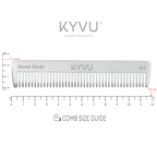 KYVU A2 aluminium pocket comb size guide — 11.9 cm length, 2.5 cm width, 0.3 cm thickness, 17 grams