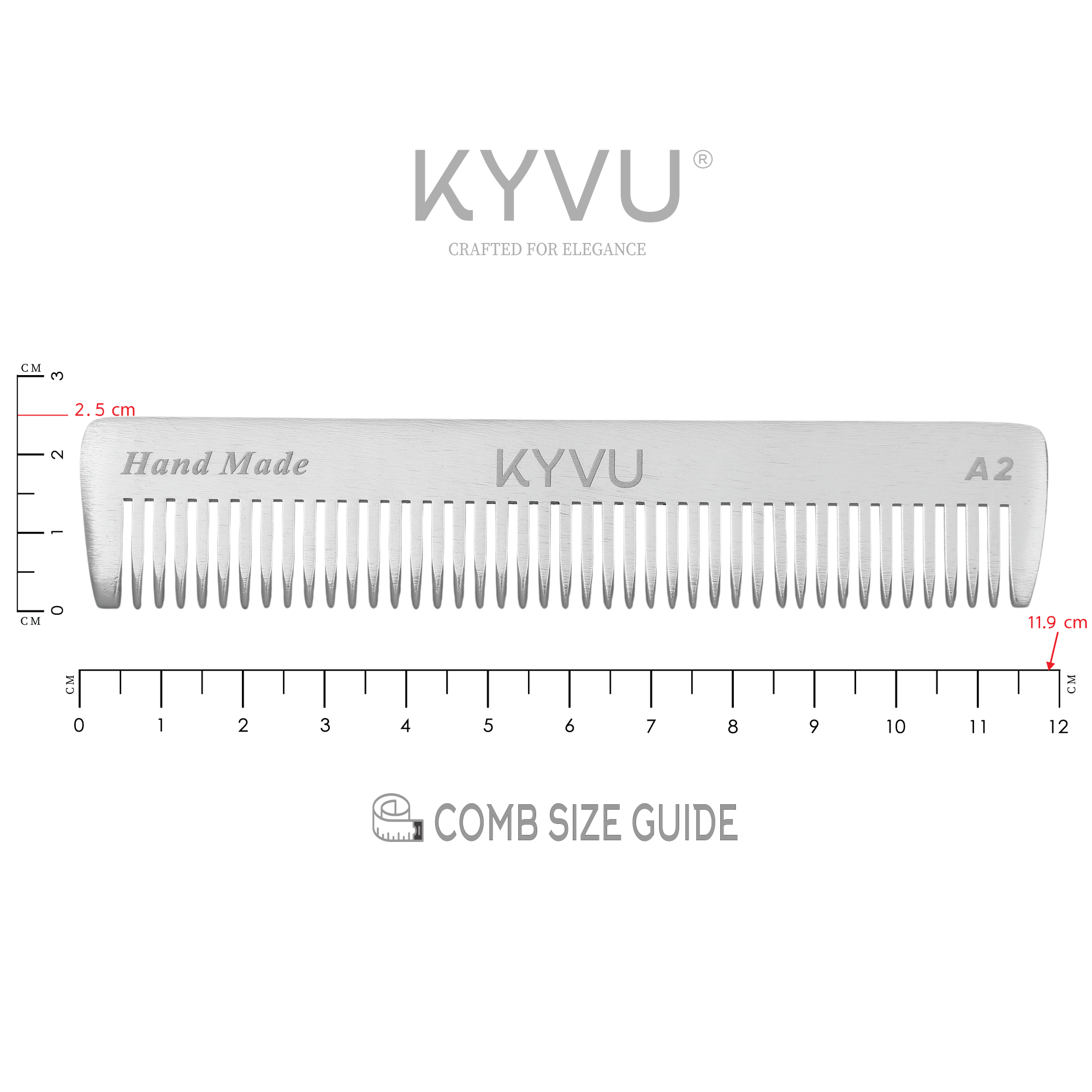 KYVU A2 aluminium pocket comb size guide — 11.9 cm length, 2.5 cm width, 0.3 cm thickness, 17 grams