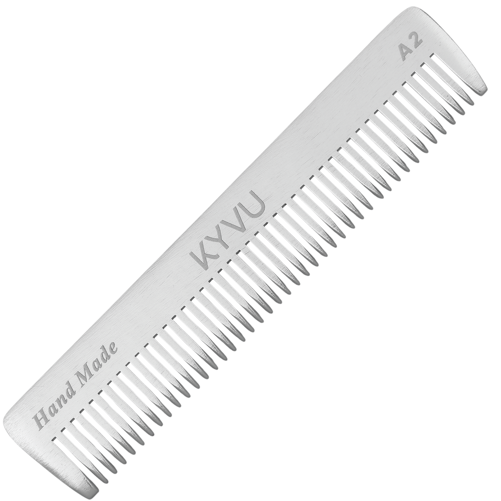 KYVU A2 handmade metal pocket comb 11.9cm, precision-machined from 6163-grade aluminium, brushed silver finish