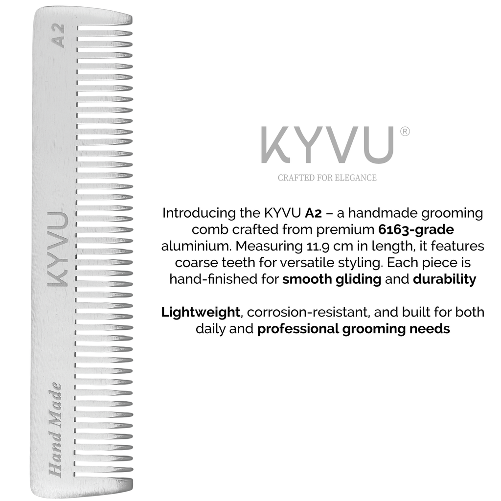KYVU A2 handmade grooming comb crafted from 6163-grade aluminium — 11.9 cm, coarse teeth, hand-finished, lightweight and corrosion-resistant for daily and professional use