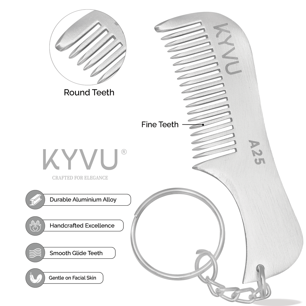 A25 aluminium beard comb showing integrated keyring and fine hand-rounded teeth