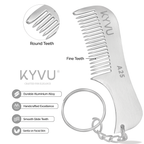A25 aluminium beard comb showing integrated keyring and fine hand-rounded teeth