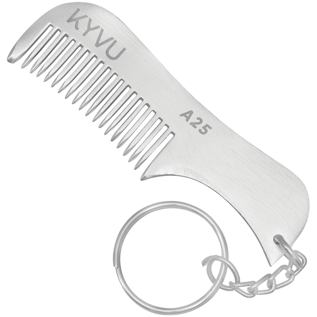 KYVU A25 handmade metal beard and moustache comb with keyring in anodized aluminium, fine-tooth, for men