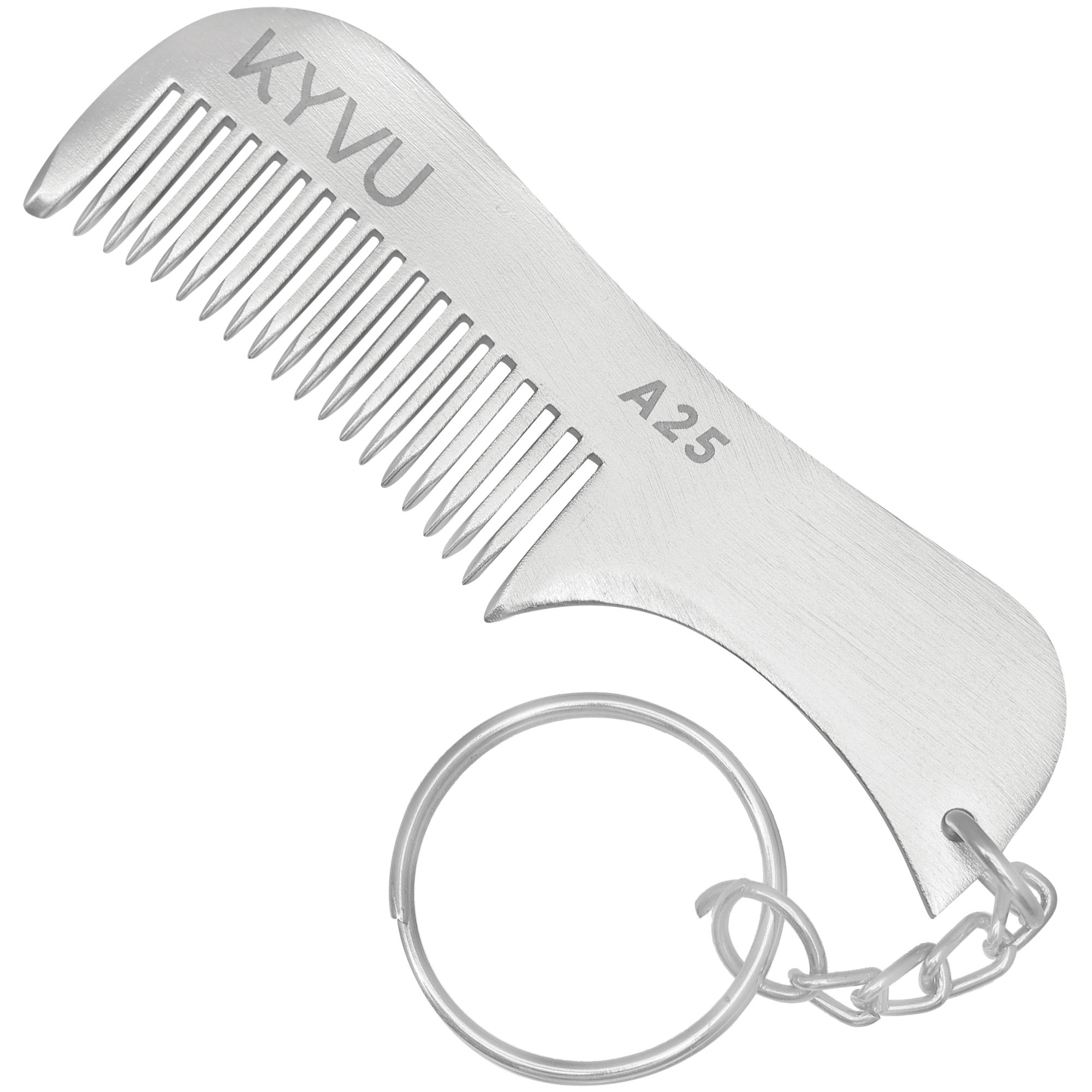 KYVU A25 handmade metal beard and moustache comb with keyring in anodized aluminium, fine-tooth, for men