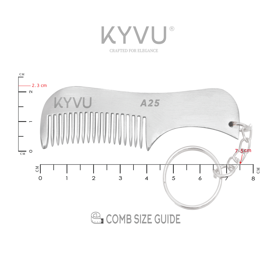 KYVU A25 metal beard comb with keyring specifications — 7.5 cm, 12 g, anti-static aluminium, fine teeth