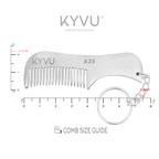 KYVU A25 metal beard comb with keyring specifications — 7.5 cm, 12 g, anti-static aluminium, fine teeth