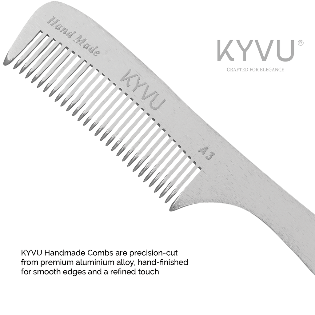 KYVU A3 handmade metal coarse-tooth comb with handle in anodized aluminium, for thick and curly hair