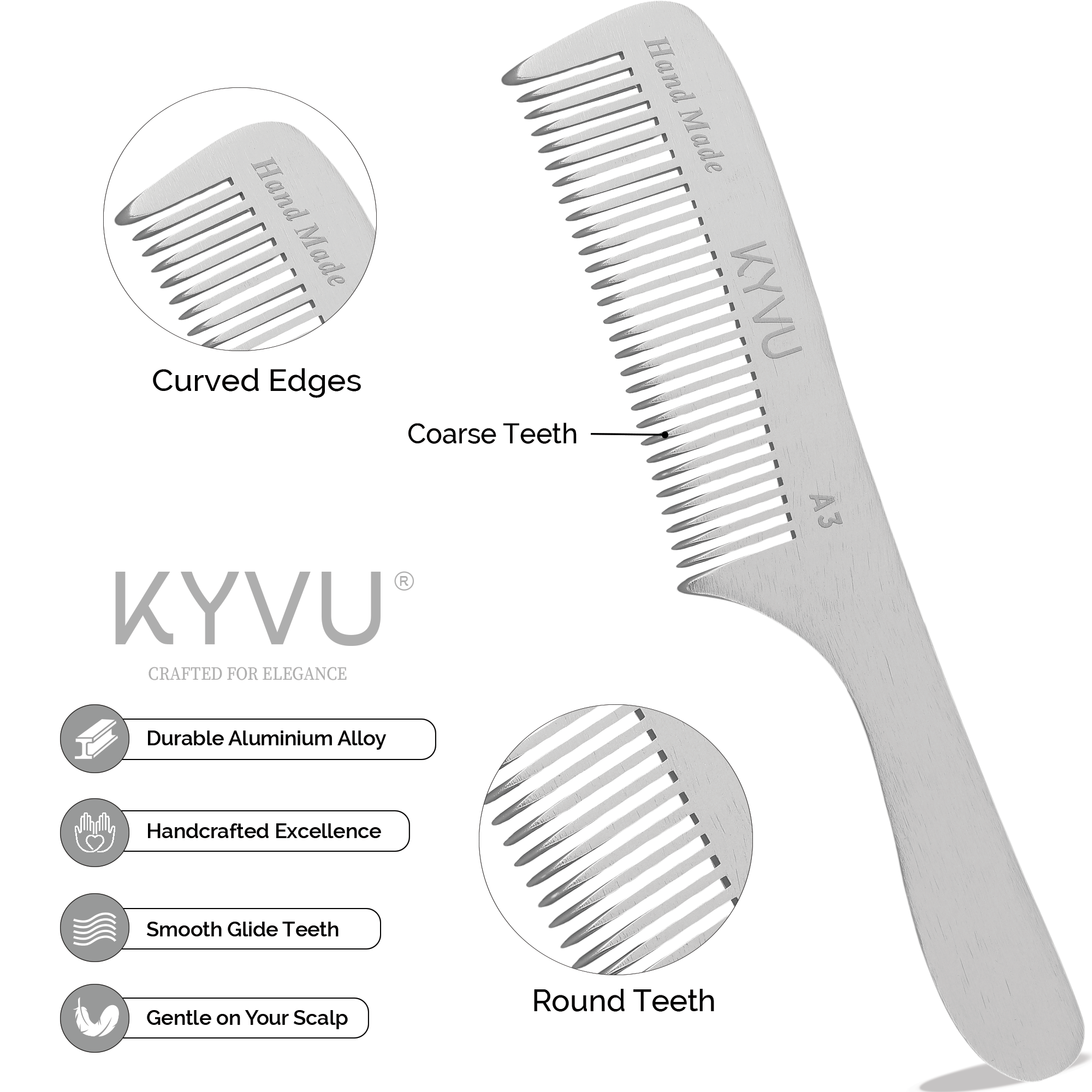 A3 aluminium comb showing wide-spaced coarse teeth with hand-rounded tips