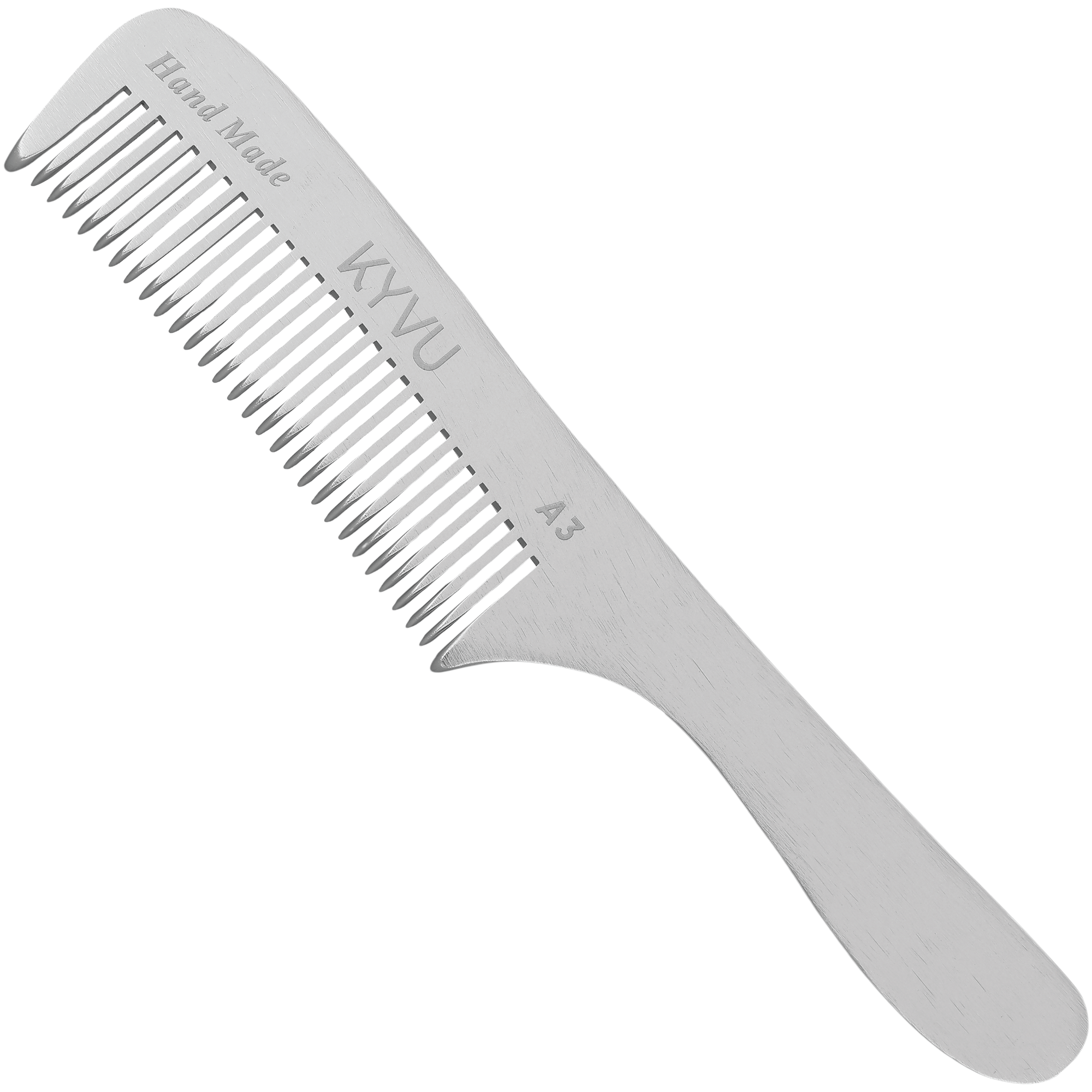 KYVU A3 handmade metal coarse-tooth comb with handle in anodized aluminium, for thick and curly hair