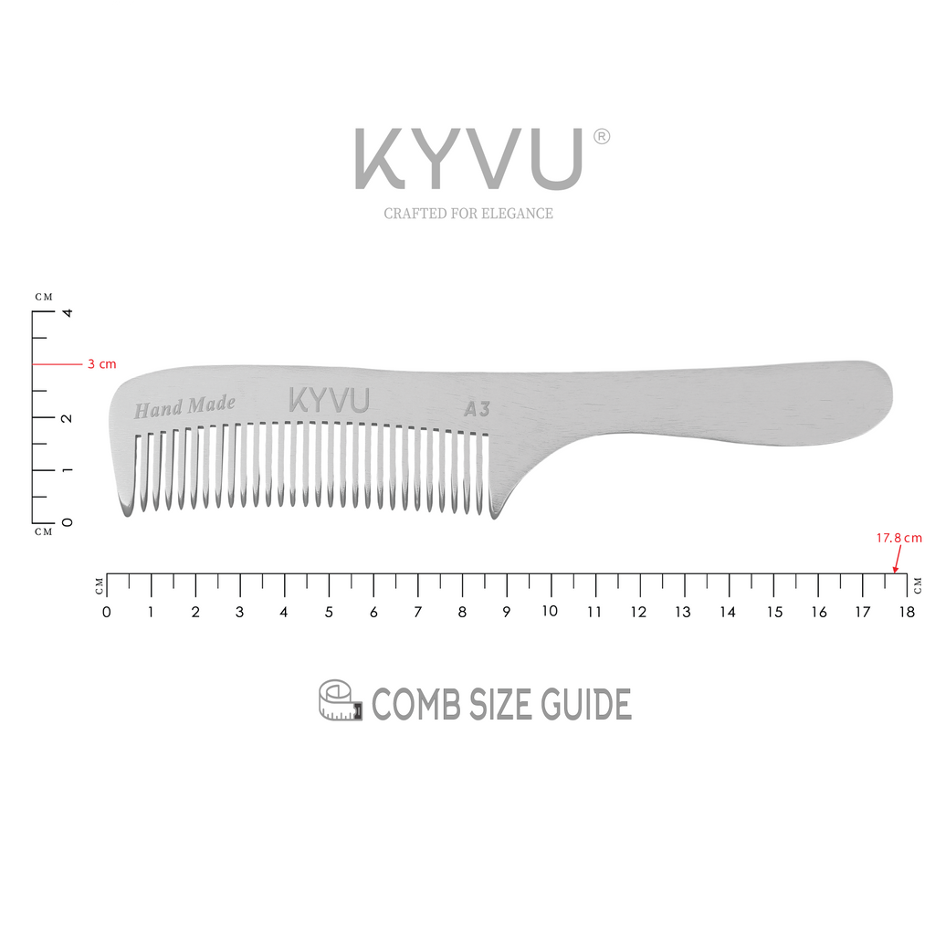 KYVU A3 metal coarse-tooth comb size guide — 17.8 cm length, 3.0 cm width, 0.3 cm thickness