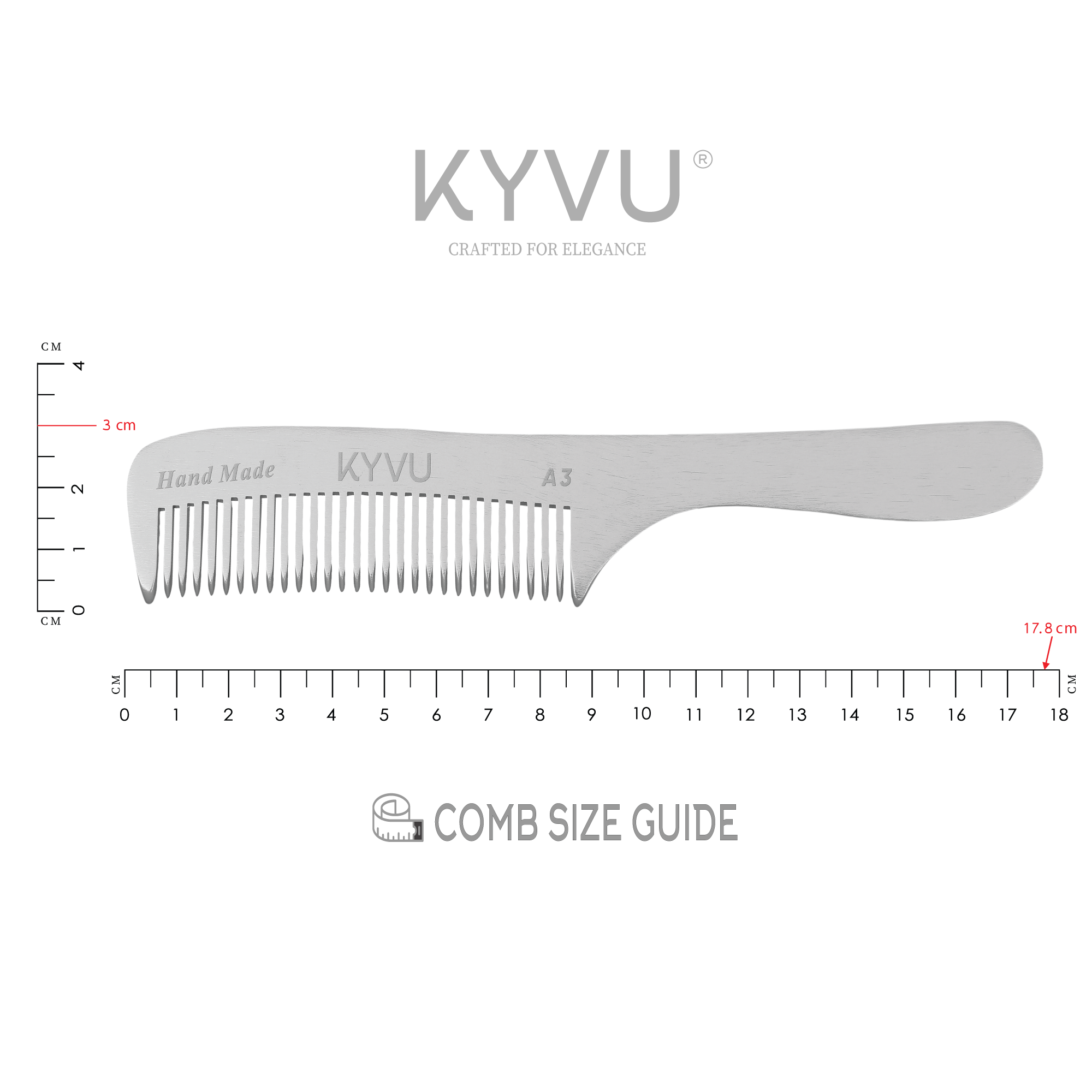 KYVU A3 metal coarse-tooth comb size guide — 17.8 cm length, 3.0 cm width, 0.3 cm thickness