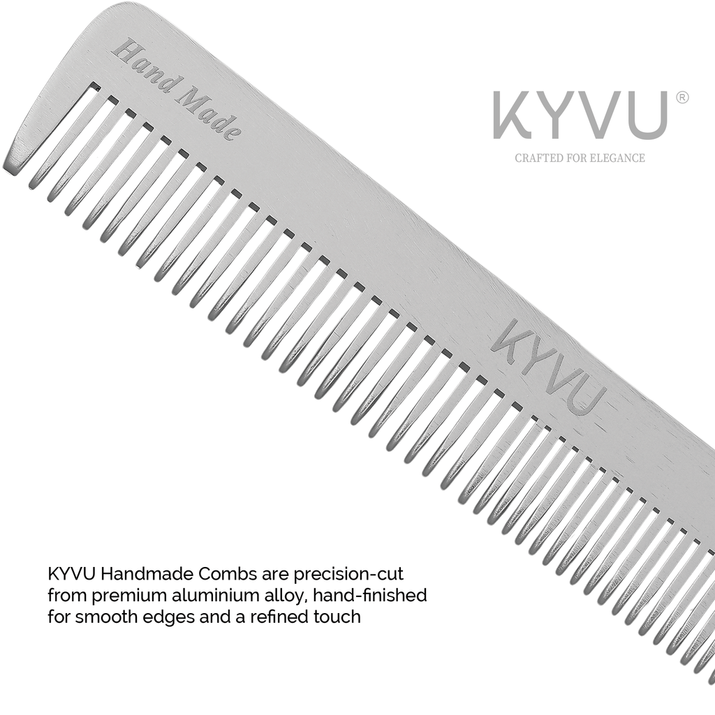A4 anodized aluminium close-up showing brushed-silver finish and laser-engraved KYVU branding