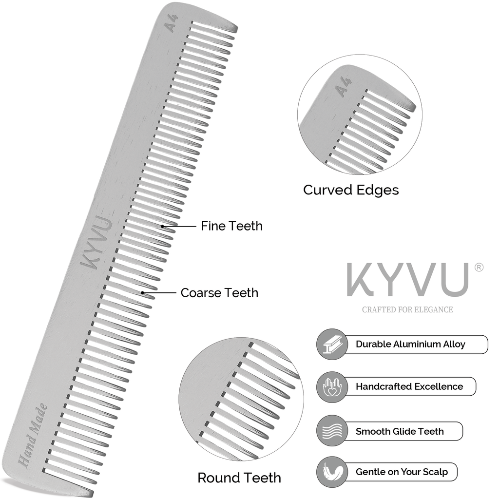 A4 aluminium comb teeth detail — coarse wider-spaced teeth on one half, fine closely-spaced teeth on the other