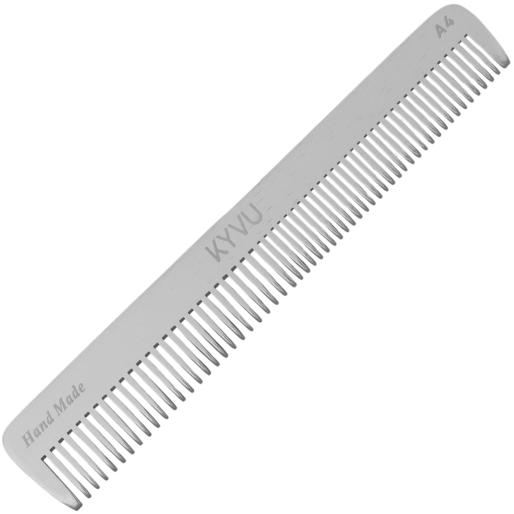 KYVU A4 handmade full-size metal dual-tooth comb in anodized aluminium, fine and coarse teeth, for men and women