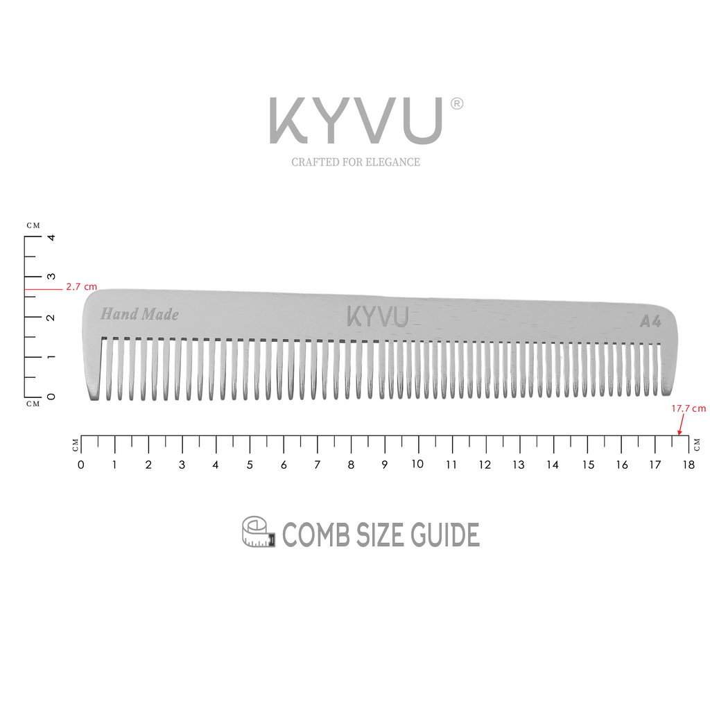 KYVU A4 metal dual-tooth comb size guide — 17.7 cm length, 2.7 cm width, 0.3 cm thickness