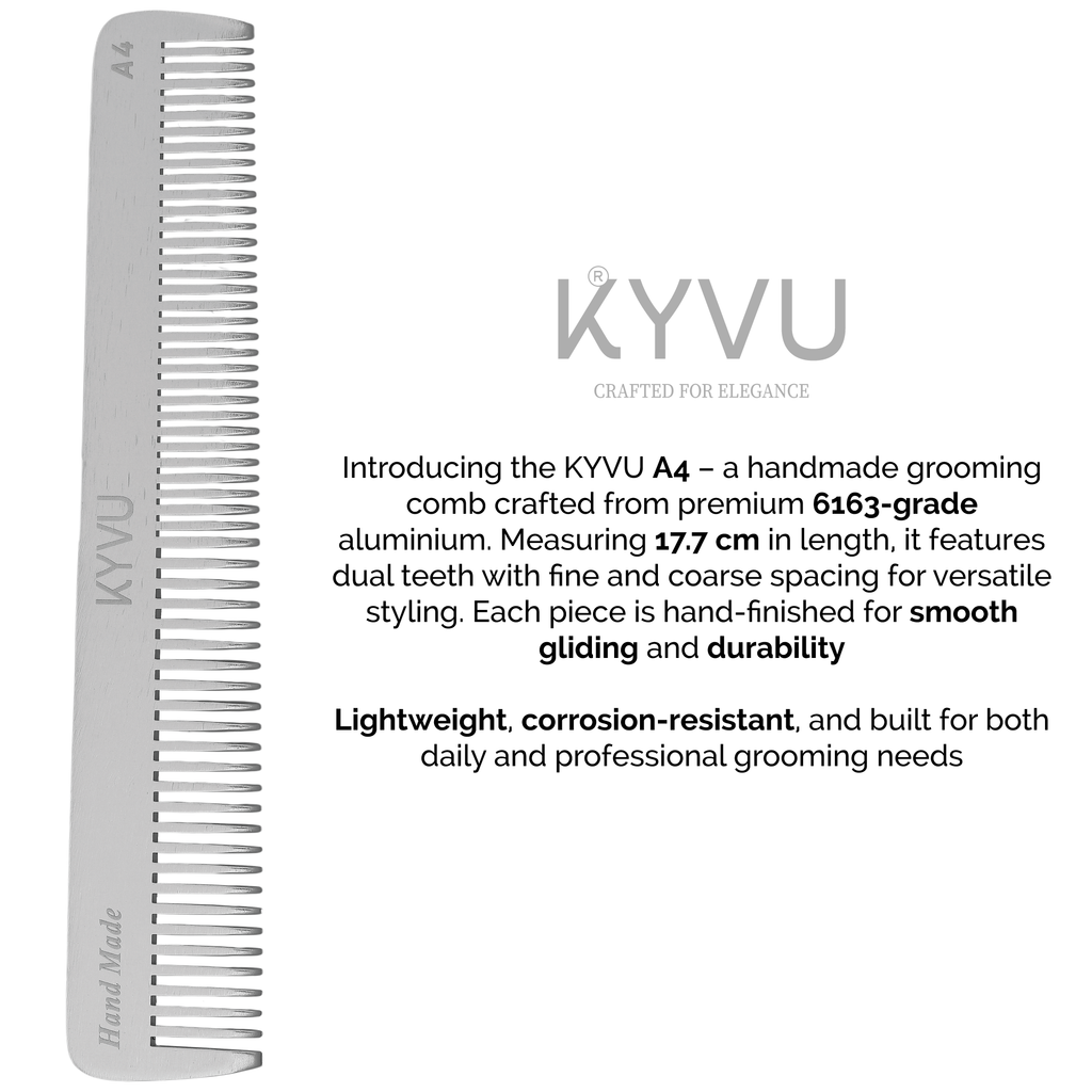KYVU A4 metal dual-tooth comb specifications — 17.7 cm, 25 g, anti-static aluminium, fine and coarse teeth