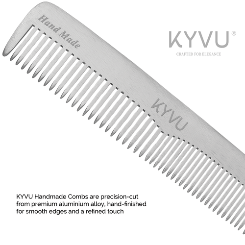 A5 anodized aluminium close-up showing brushed-silver finish and laser-engraved KYVU branding