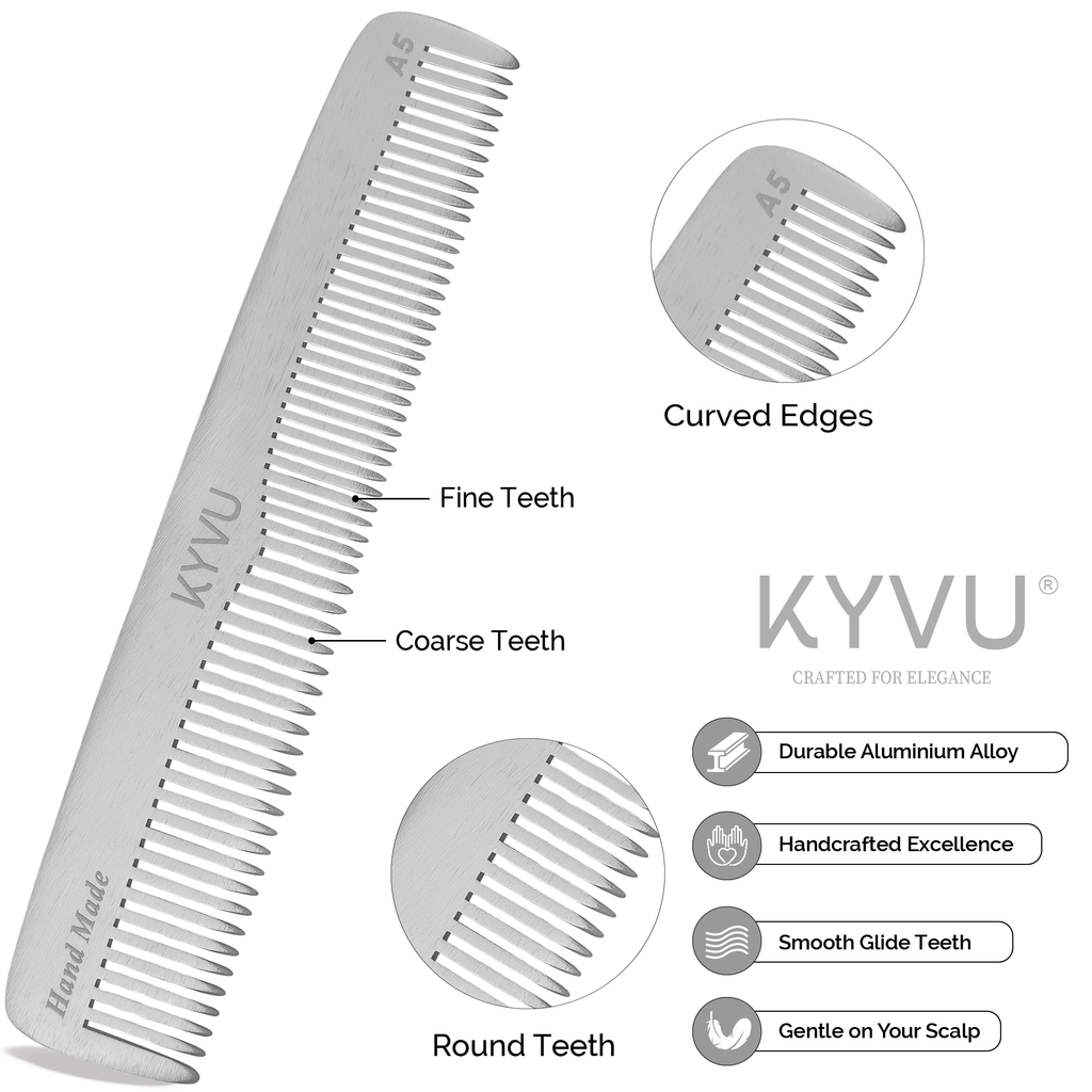 A5 aluminium comb teeth detail — coarse wider-spaced teeth on one half, fine closely-spaced teeth on the other