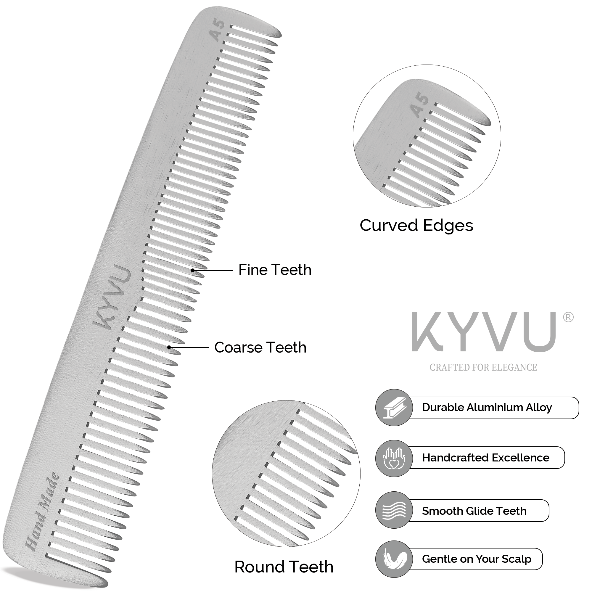 A5 aluminium comb teeth detail — coarse wider-spaced teeth on one half, fine closely-spaced teeth on the other