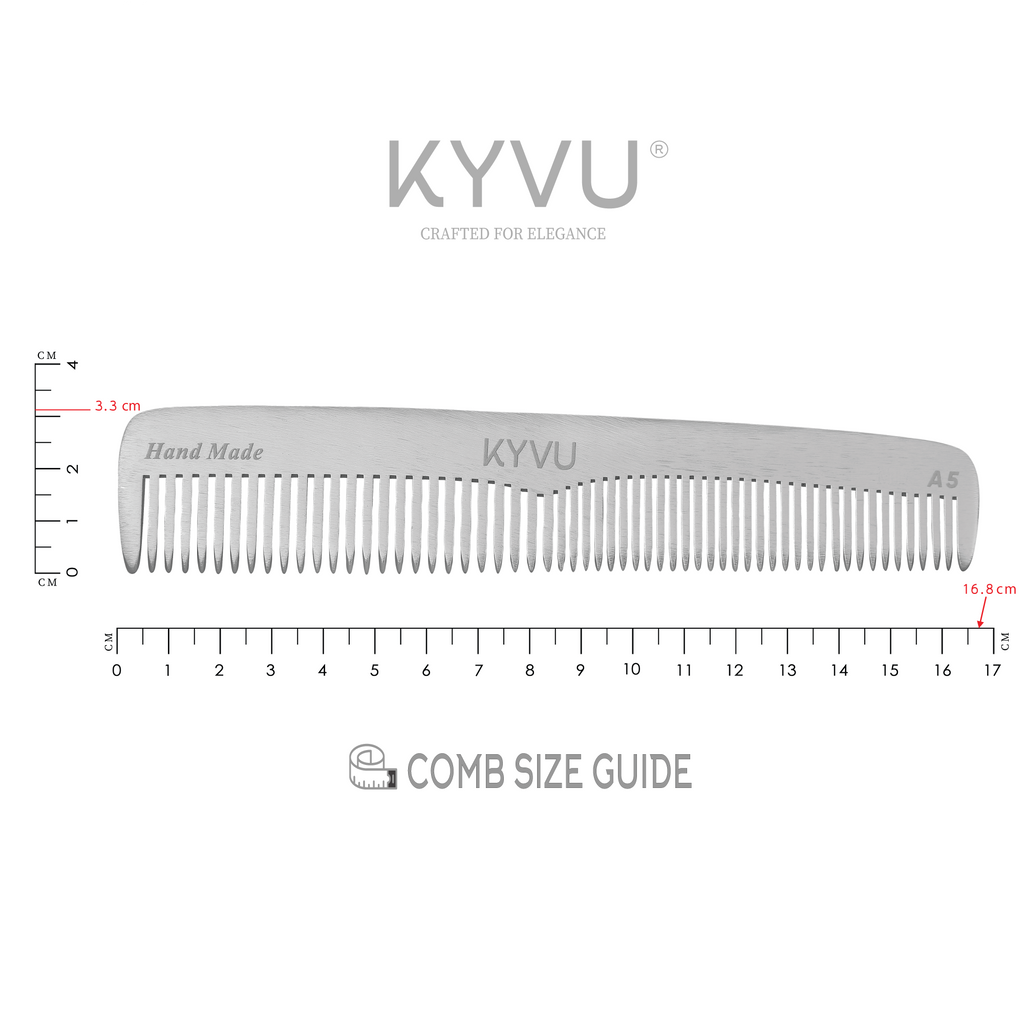 YVU A5 metal dual-tooth comb size guide — 16.8 cm length, 3.1 cm width, 0.3 cm thickness