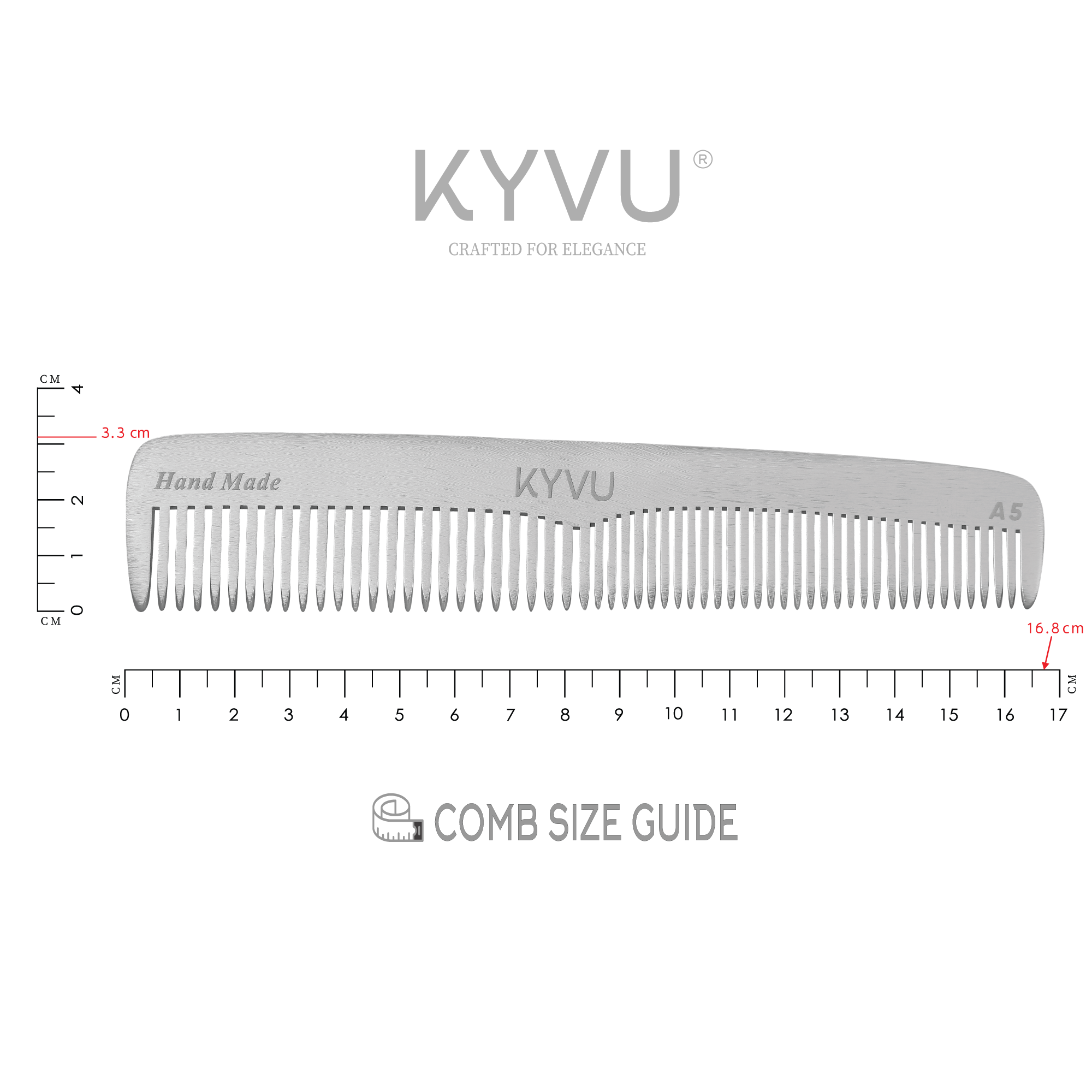 YVU A5 metal dual-tooth comb size guide — 16.8 cm length, 3.1 cm width, 0.3 cm thickness