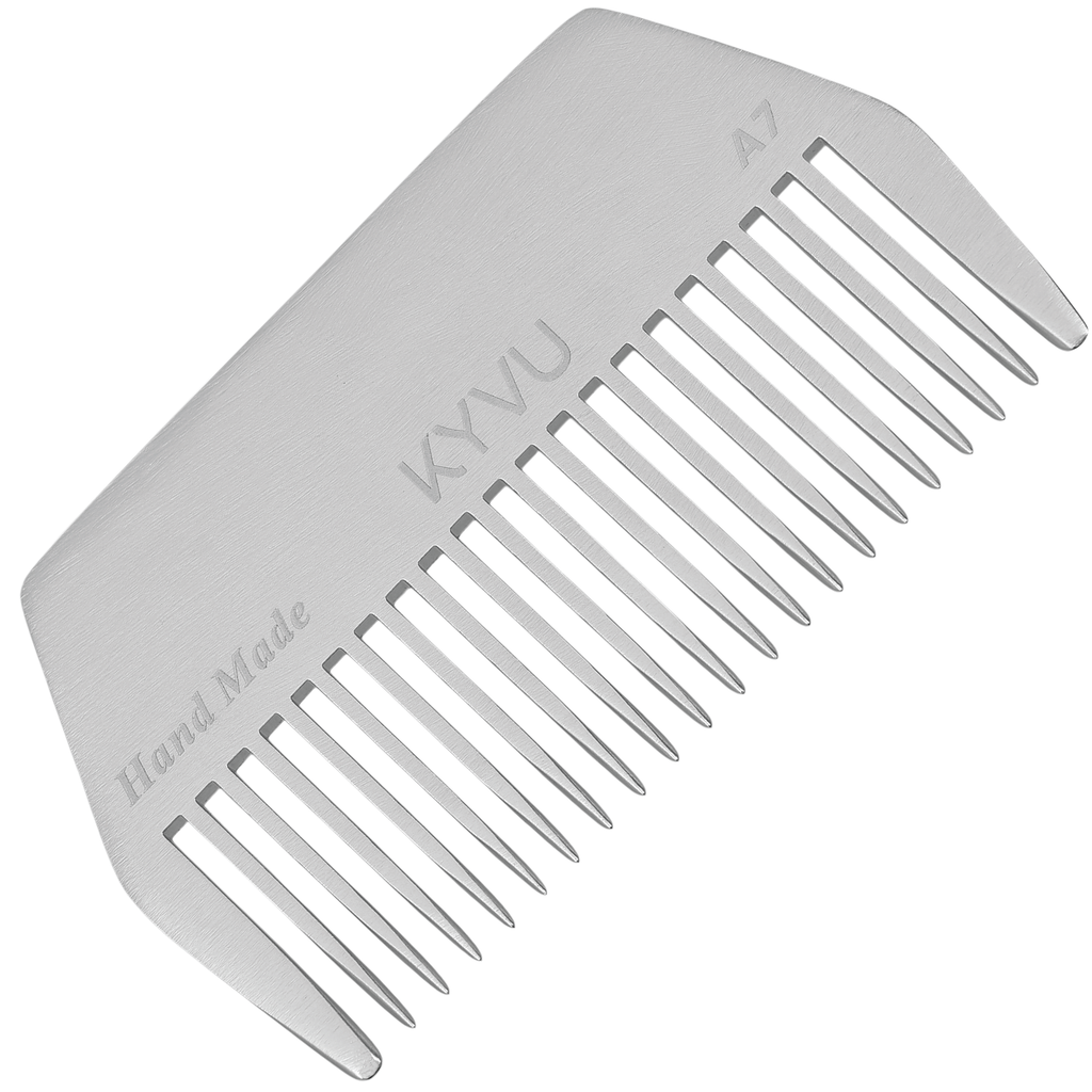 KYVU A7 handmade metal afro comb in anodized aluminium, wide-tooth, for curly, coily and afro hair