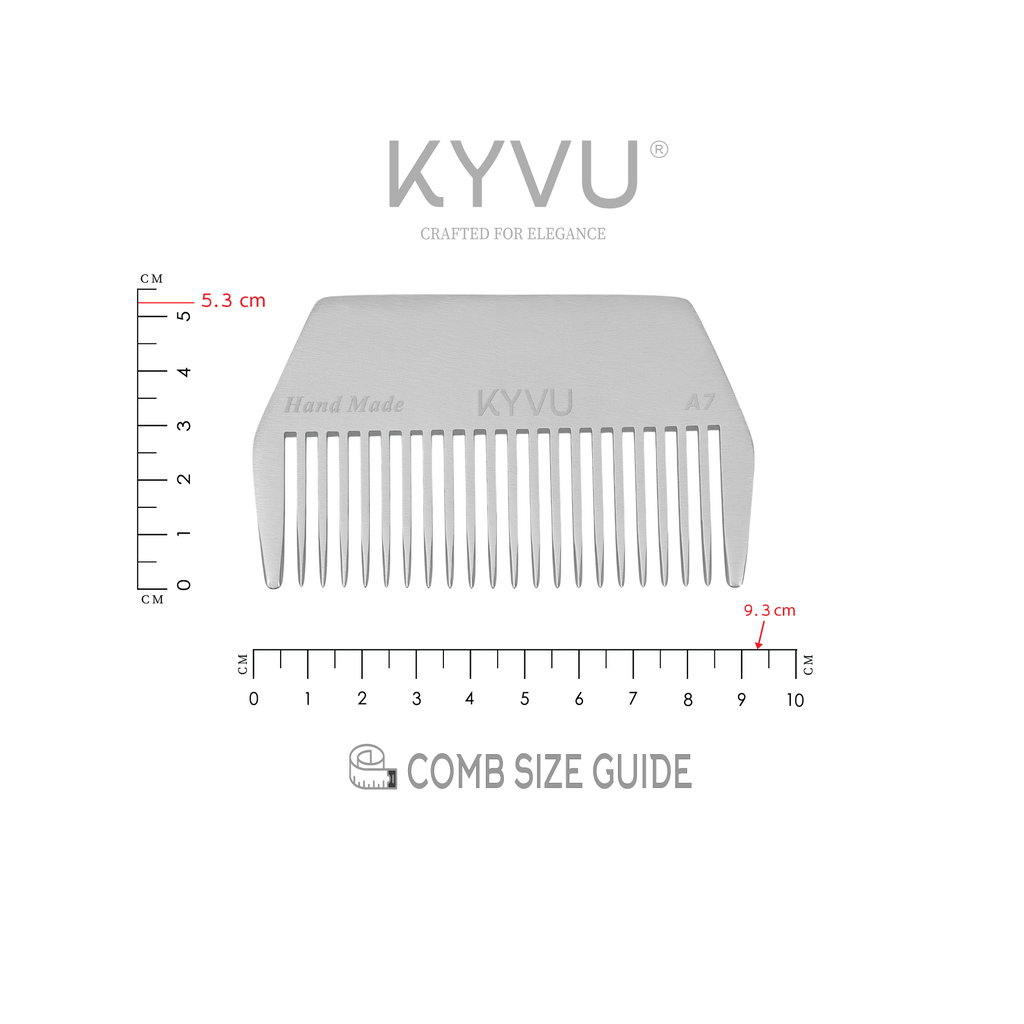 KYVU A7 metal afro comb size guide — 9.3 cm length, 5.3 cm width, 0.3 cm thickness